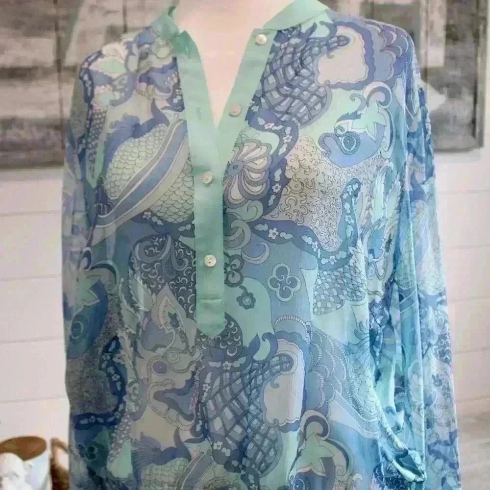J.McLaughlin Sheer Paisley Tunic Style Top Drawstring Waist Size 8 - Picture 3 of 16